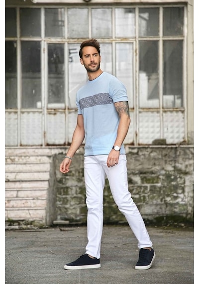Ferraro Erkek Desenli Delikli Bisiklet Yaka Triko T Shirt - Mavi-Mavi