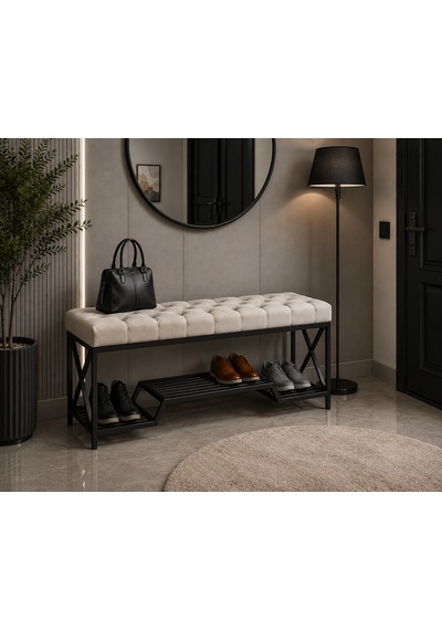 Siyah Metal Bench Ayakkabılık Bank, Kapı Girişi Puf Ayakkabılık Krem