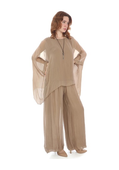 Bohem Stil İtalyan Yarasa Kol İpek Bluz & Pantolon Takım-8767 Camel Bohem Stil İtalyan Yarasa Kol İpek Bluz & Pantolon Takım-8767 Camel