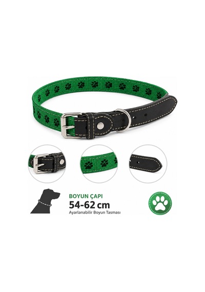Köpek Boyun Tasması 54-62 Cm Pati Desenli Deri Uçlu Metal Tokalı - Yeşil Siyah Çok Renkli