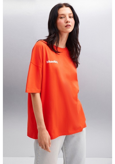 Grımelange Arcadıa Kadın %100 Pamuk Arka Ve Önü Yazi Detaylı Baskılı Slim Kırmızı T-shirt Kırmızı