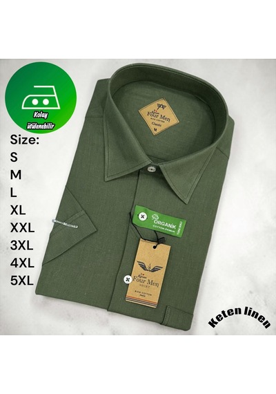 Eren Style Linen Keten Klasik %100 Cotton Kısa Kollu Terletmeyen Gömlek Haki