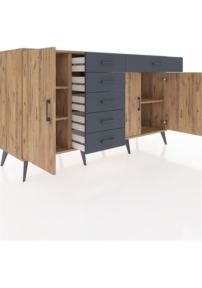 Kronos Konsol 3 Raflı 6 Çekmeceli 3 Kapaklı 176x59x99 Çam-çam/ant Çam-çam/antrasit