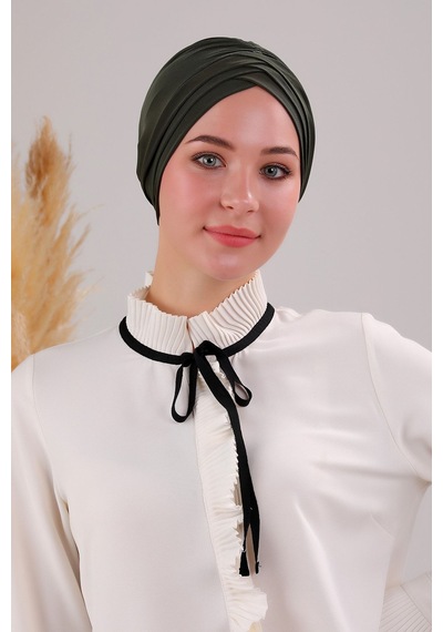 Melodi Scarf Kadın Üç Bantlı Çapraz Hazır Türban Dış Bone Haki Haki