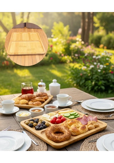 4 Bölmeli Bambu Kare Sunum Tabağı Kahvaltı Tabağı 28 Cm 28x28