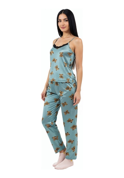 Altı Uzun Üstü Askılı Yumuşak Ayıcık Desenli Pijama Takımı Turkuaz