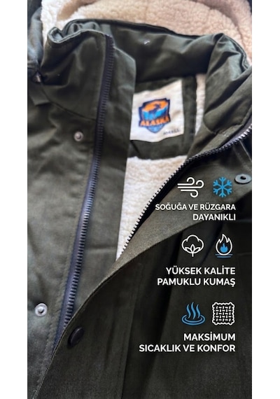 Alaska The Last Frontier Slim Fit Çıkarılabilir Kapüşonlu Gabardin Uzun Parka Kaban Haki