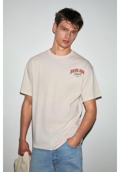Grimelange Espada Erkek %100 Organik Pamuklu Yuvarlak Yakalı Baskı Detaylı Vanilya T-shirt Açık Krem
