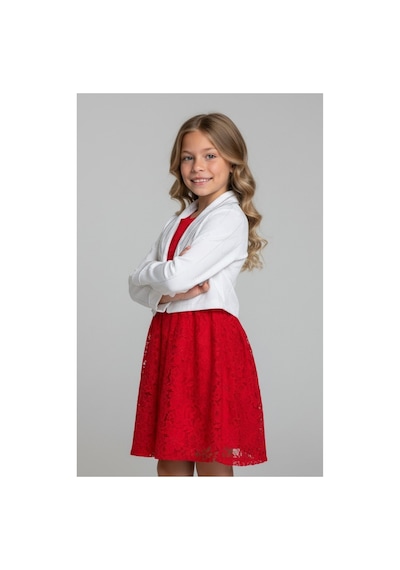 Fesshera Kids Kız Çocuk Dantel Elbise Bolero Ceket Takım 9-12 Yaş Kırmızı