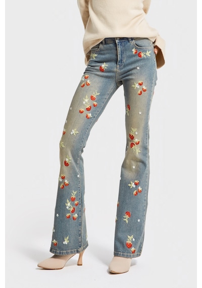 Itsbasic Kadın T.kot Rengi 2w5-32 Flare Fit Likralı Kumaş Çiçek Nakış Desenli Özel Tasarım Denim Jean