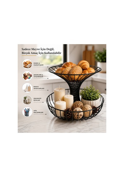 2 Katlı Metal Meyve Sepeti Siyah Geniş Hacimli Çok Amaçlı Meyvelik Sebzelik Sunum Standı Kaymaz Ayaklı Modern Mutfak Organizer Model3 Diğer