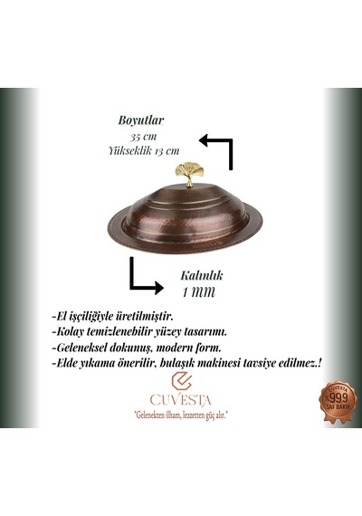 Cuvesta Modern Şef Tipi El Yapımı Bakır Sunumluk 35cm