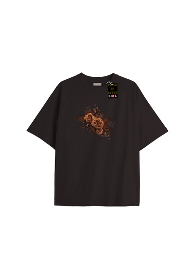 Flood Of Style Siyah Oversize T-shirt Çiçek Kahverengi Özel Tasarım