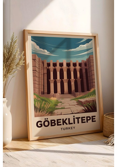 Göbeklitepe Tablo - Retro Travel Poster - Tarihin Sıfır Noktası Duvar Dekoru - Çerçeve İllüstrasyon Kayın