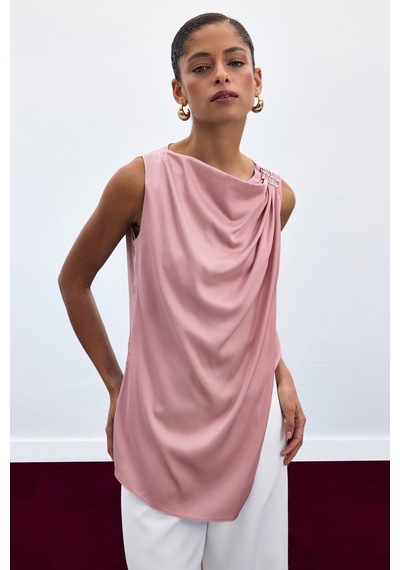 Sateen Aksesuar Detaylı Kolsuz Bluz - Pembe-136921 Pembe