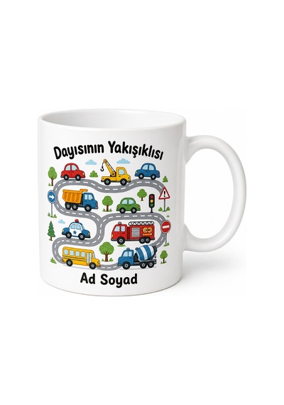 Dayısının Yakışıklısına Arabalar Yollar Çizimli Erkek Yeğen Hediye Çay Seramik Kupa Bardak Beyaz / Çok Renkli