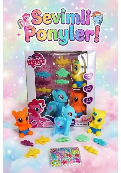 Sevimli Pony At Ailesi Ve Aksesuar Seti - Tokalı Stickerlı 3'lü Figür Oyuncak Hayvanlar