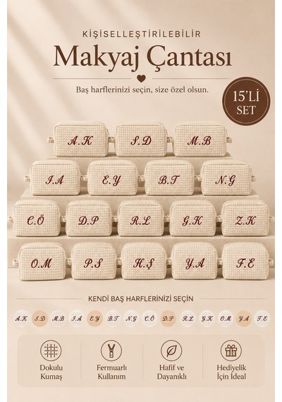 Krem Kişiye Özel Harf Nakışlı 15'li Pamuklu Hediyelik Kadın Makyaj Kozmetik Ve Seyahat Çantası Seti Krem - 932059710