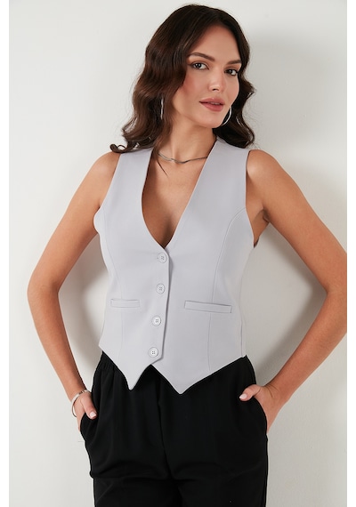 Lela Fitted Fit Düğmeli V Yaka Düğmeli Bayan Yelek 6696796 Açık Gri