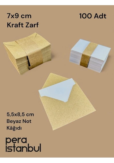 100 Adet Mini Zarf 70mmx90mm Kraft Zarf Hediye Doğum Günü Dilekleri Zarfı Beyaz Not Kartlı