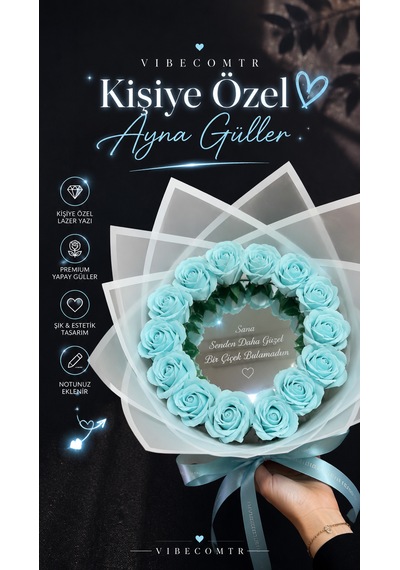 Kişiye Özel Aynalı Gül Buketi Yapay Mavi Gül Buketi Sevgiliye Romantik Hediye -