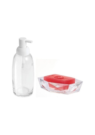 Bayaz Pompalı Cam Sıvı Sabunluk Ve Sabunluk 2 Li Banyo Seti
