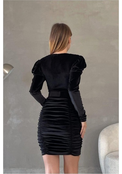 Lior Design Kadın El Emeği Esnek Kadife Kumaş V Yaka Kemerli Abiye Elbise Siyah