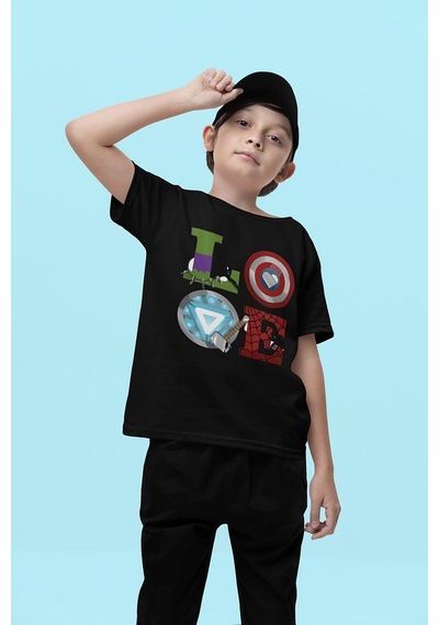 Sevbano Love Yazılı Avengers Tasarım Kahramanlar Baskılı Unisex Film Çocu SIYAH