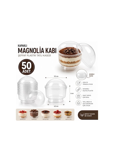 50 Adet Kapaklı Tatlı Kabı Magnolia Kasesi Şeffaf Plastik 200 Cc Magnolya Kase