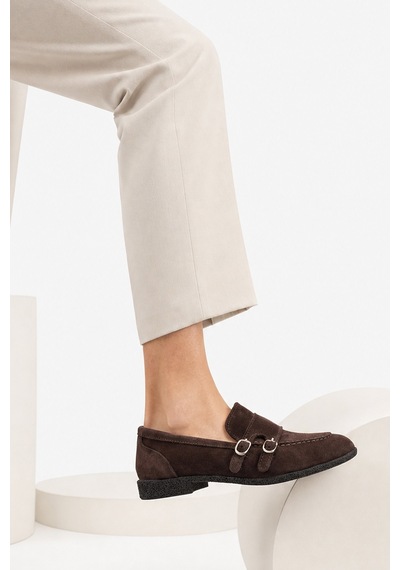 Luvi Shoes Daly Kahverengi Süet Hakiki Deri Tokalı Kadın Loafer Ayakkabı