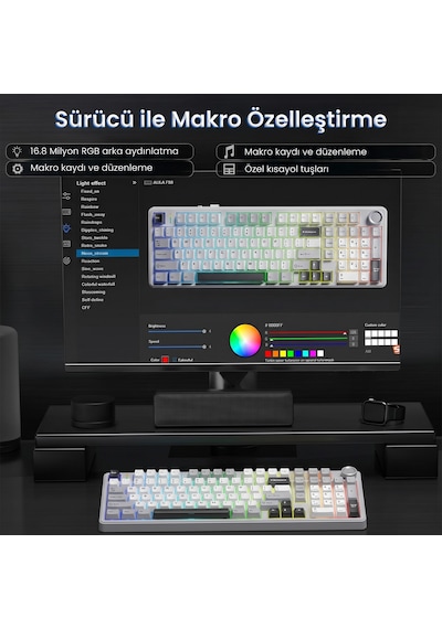 Aula F99 Pro 3 Modlu Rgb Hot Swap Mekanik Star Vector Switch Kablosuz Makrolu Klavye Gri
