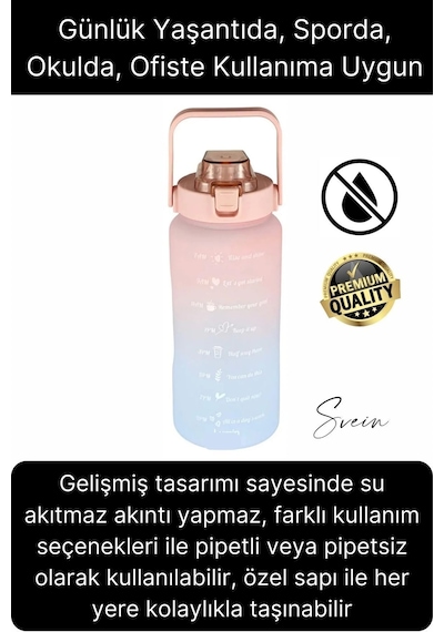 Premium 2 Lt Pipetli Kilitli Sızdırmaz Kapaklı Tutma Saplı Motivasyon Suluk Matara Sporcu Su Şişesi