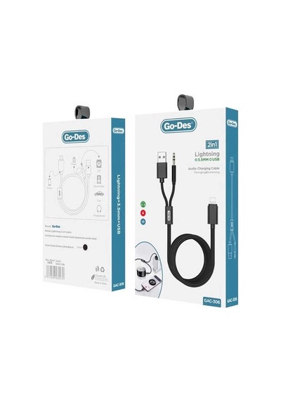 Go Des GAC-306 2 in 1 Aux Kablo Lightning to 3.5 mm & USB Ses Kablousu - ZORE-220419