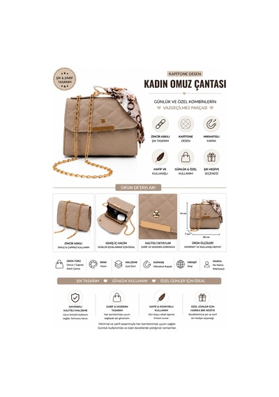 Logis Kadın Kapitone Zincir Askılı Omuz Çantası Krem Renk Şık Günlük Ve Abiye Kullanım My01 Vizon