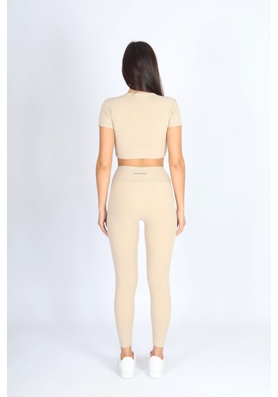Kadın Organik Kumaş Bisiklet Yaka Vücuda Oturan Slim Fit Atlet Bluz Bej