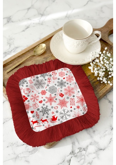 Kış Mucizeleri Saçaklı Sunum Peçetesi-kar Tanesi Temalı Bohem Kırmızı Bardak Altlığı Servis Mendili Çok Renkli