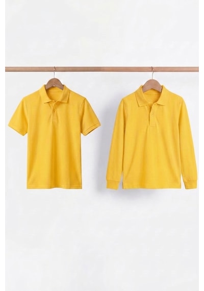 Nacar Store Unisex Çocuk Uzun Ve Kısa Kollu Polo Yaka Okul Tişörtü 2'li Set Orta Koyu Sarı
