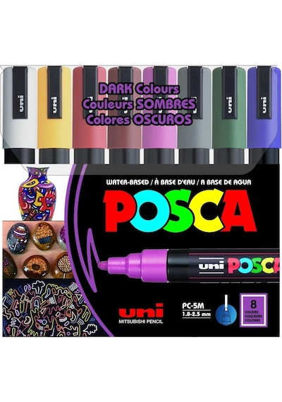 Uni Posca 5M Boyama Markörü Koyu Renkler 8'li Set