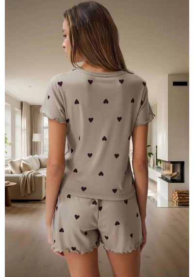 Ersefa Rahat Yazlık Pijama Takımı Kalpli Desen Örme Kumaş Lastikli Şort Mint