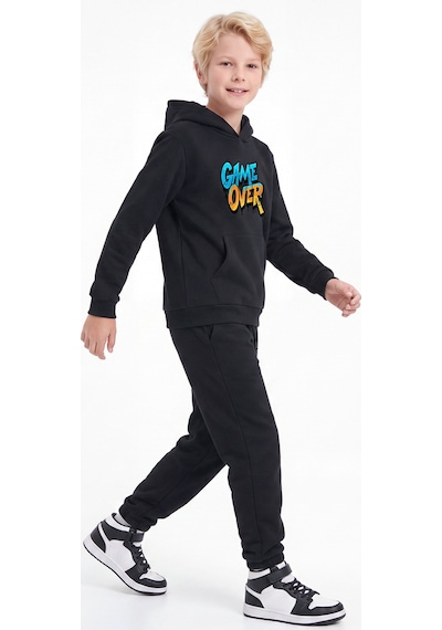 Fyk Kids 3 İplik Baskılı Kışlık Kanguru Cepli Kapüşonlu Erkek Çocuk 2'li Eşofman Takımı 4 Parça Lacivert-siyah-2