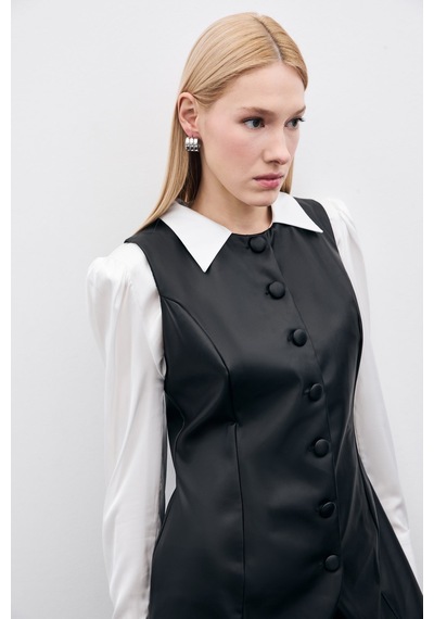 Sateen Uzun Deri Yelek - Siyah-135504 Siyah