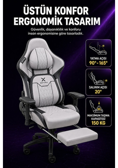 Oxyra Forge Wolf Premium Deri Hafızalı Boyun Ve Bel Yastıkları 4d Kolçak Bej/siyah Oyuncu Koltuğu Gri - Siyah