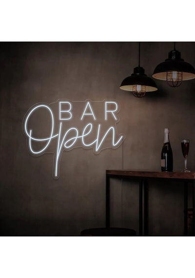 Open Bar Yazılı Neon Tabela Beyaz