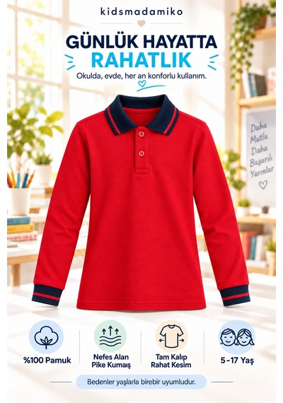 Kidsmadamiko Kız Çocuk Uzun Kollu Polo Yaka %100 Pamuk Pike Okul Tişörtü Kırmızı