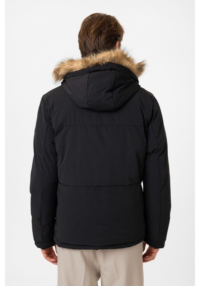 Back And Bond Siyah Regular Fit Kapüşonlu Kürklü Puffer Mont Çok Renkli