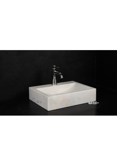 Afyon Beyaz Mermer Batarya Çıkışlı Kare Lavabo