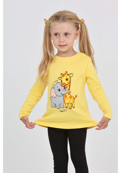 Toontoy Kız Çocuk Zürafa Fil Baskılı Sweatshirt Koyu Sarı