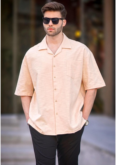 Madmext Bej Kısa Kollu Oversize Erkek Gömlek 6737 Bej