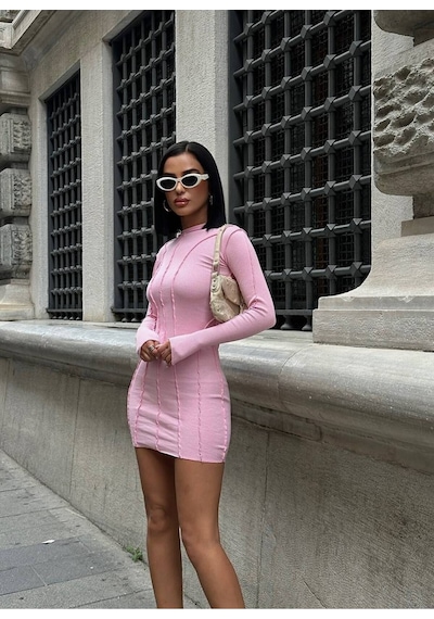 Jk Stores Parmak Detaylı Ters Dikiş Mini Elbise Pembe