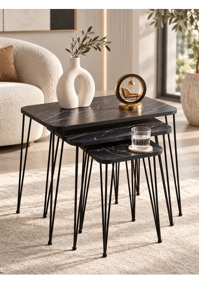 Odera Bendir Siyah Mermer Desenli Zigon Sehpa 3'lü Set Metal Tel Ayaklı Modern Retro Salon Sehpası Diğer